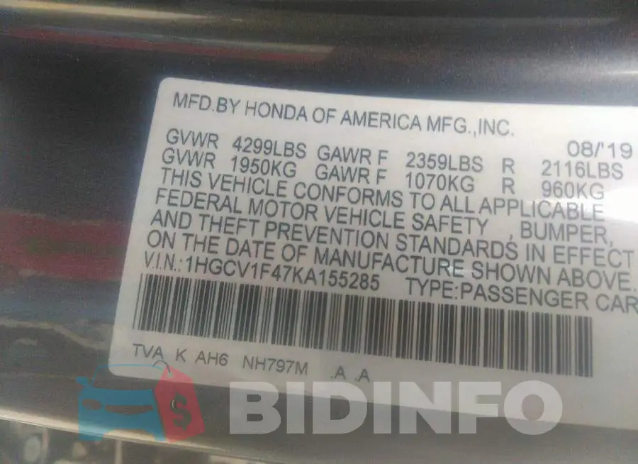 1HGCV1F47KA155285 Photo# 9
