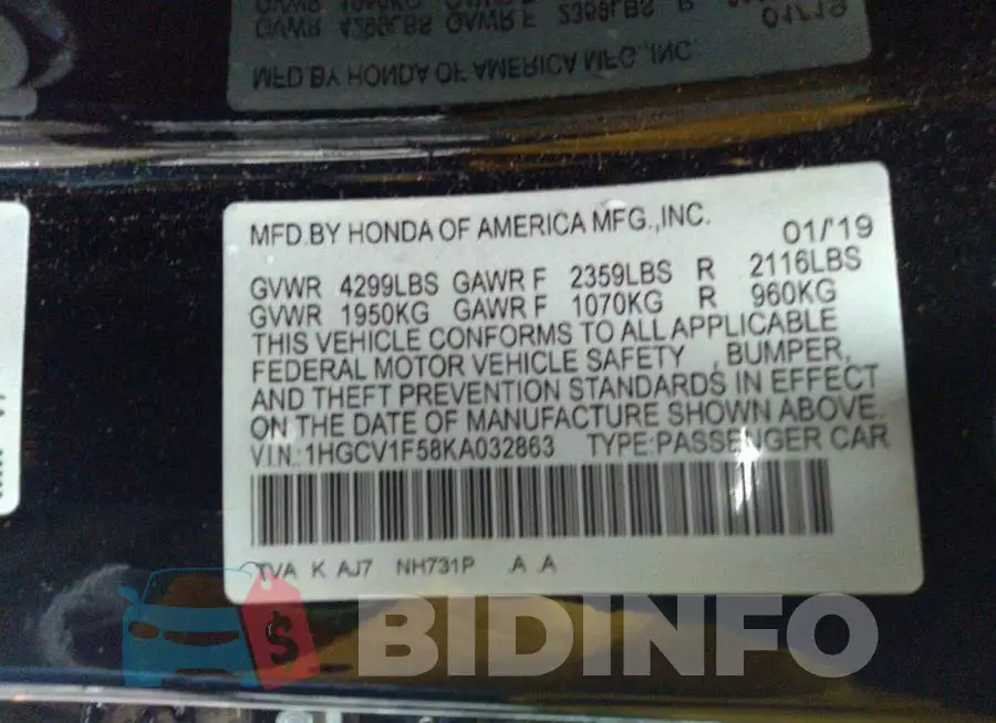 1HGCV1F58KA032863 Photo# 9