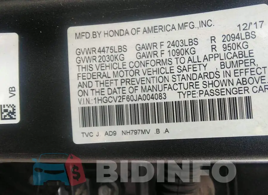 1HGCV2F60JA004083 Photo# 8