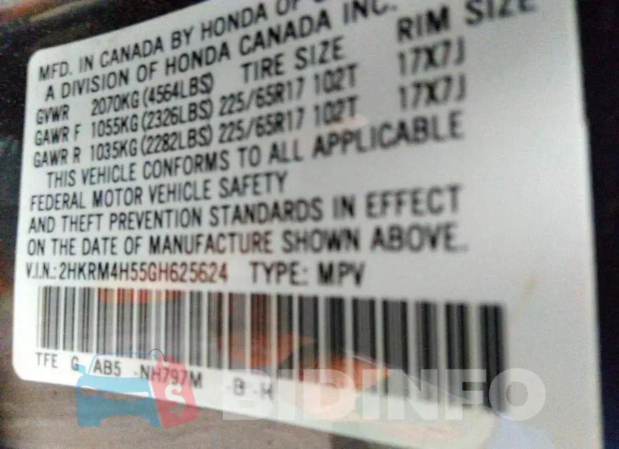 2HKRM4H55GH625624 Photo# 9