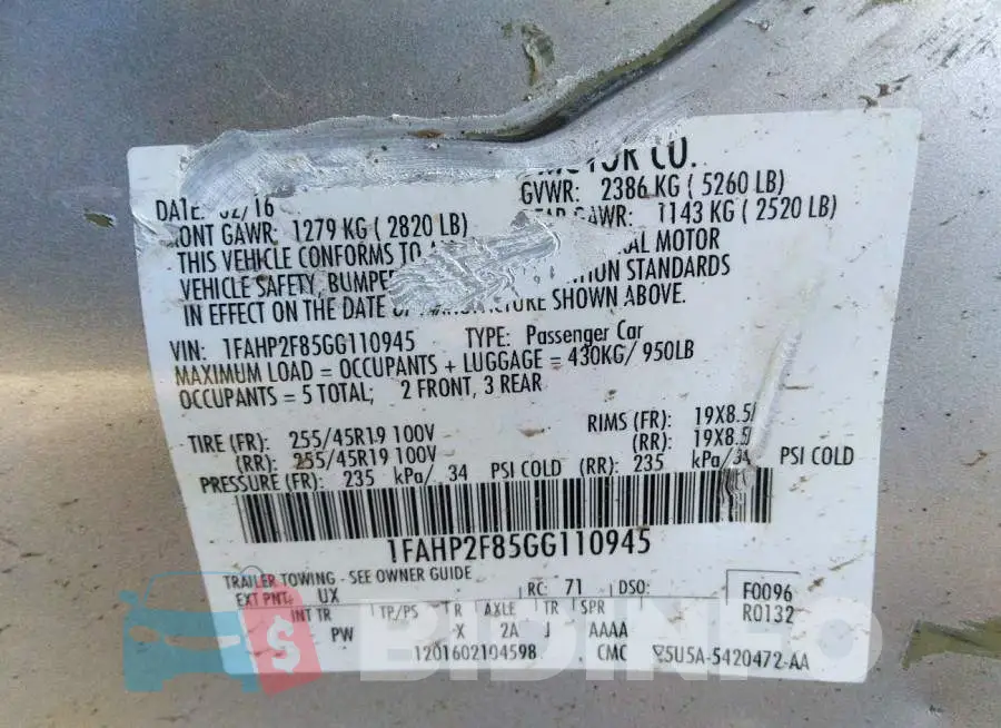 1FAHP2F85GG110945 Photo# 9