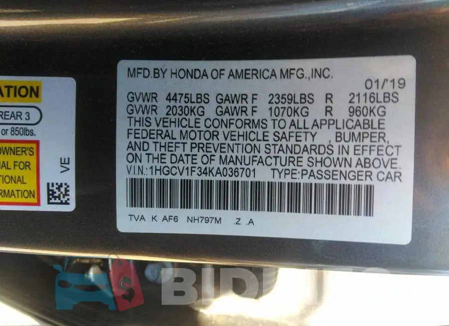 1HGCV1F34KA036701 Photo# 9