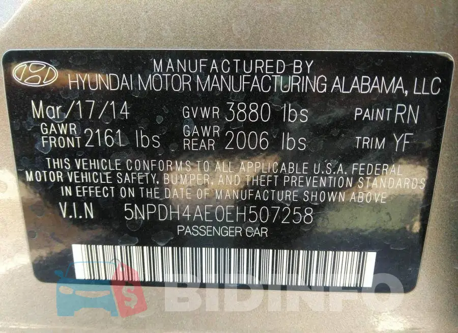 5NPDH4AE0EH507258 Photo# 9