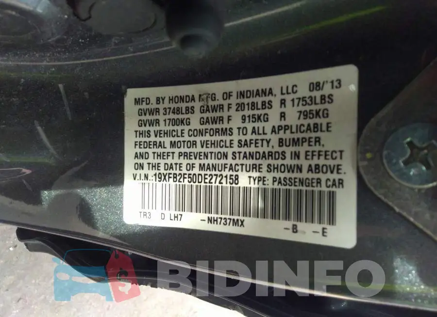 19XFB2F50DE272158 Photo# 9