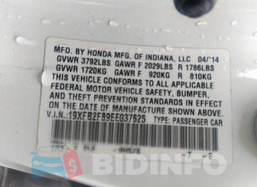 19XFB2F89EE037625 Photo# 7