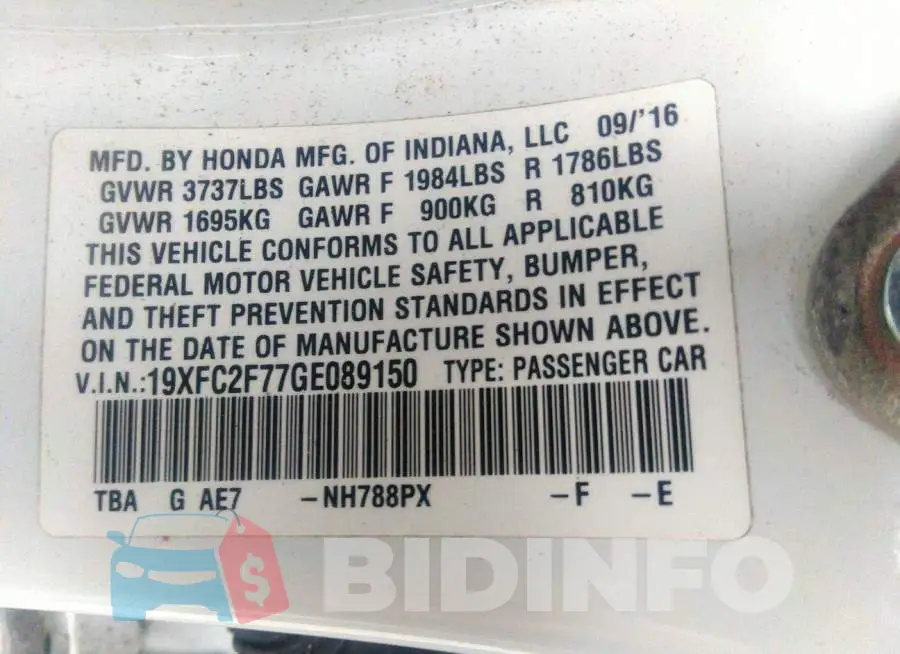 19XFC2F77GE089150 Photo# 9