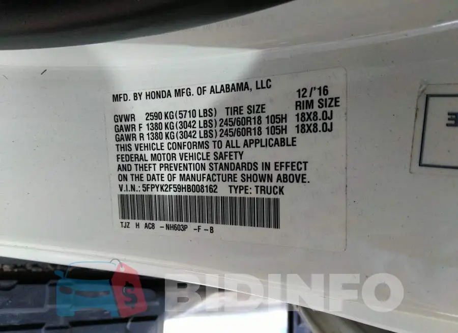 5FPYK2F59HB008162 Photo# 9