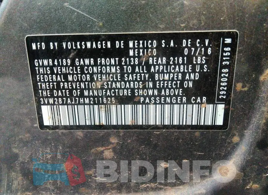 3VW2B7AJ7HM211625 Photo# 9