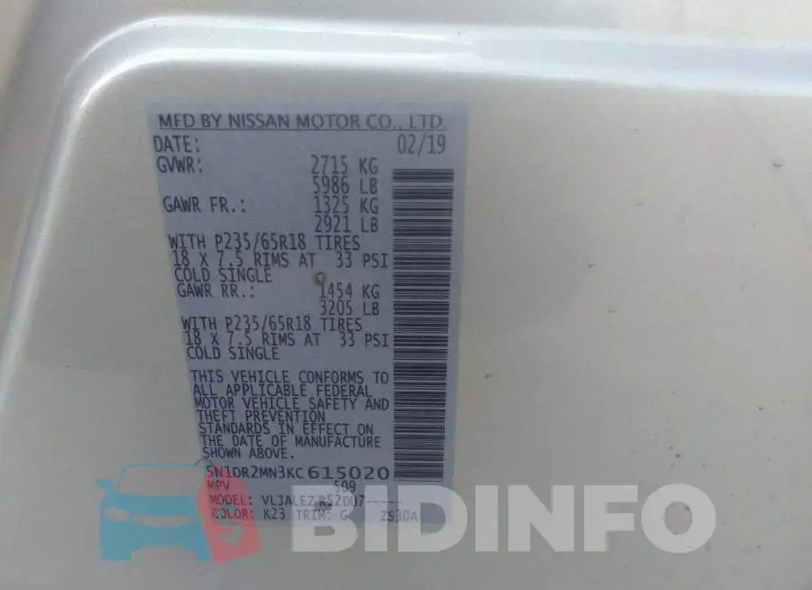 5N1DR2MN3KC615020 Photo# 9