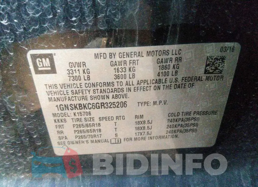 1GNSKBKC6GR325206 Photo# 9
