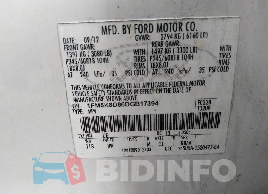 1FM5K8D86DGB17394 Photo# 9