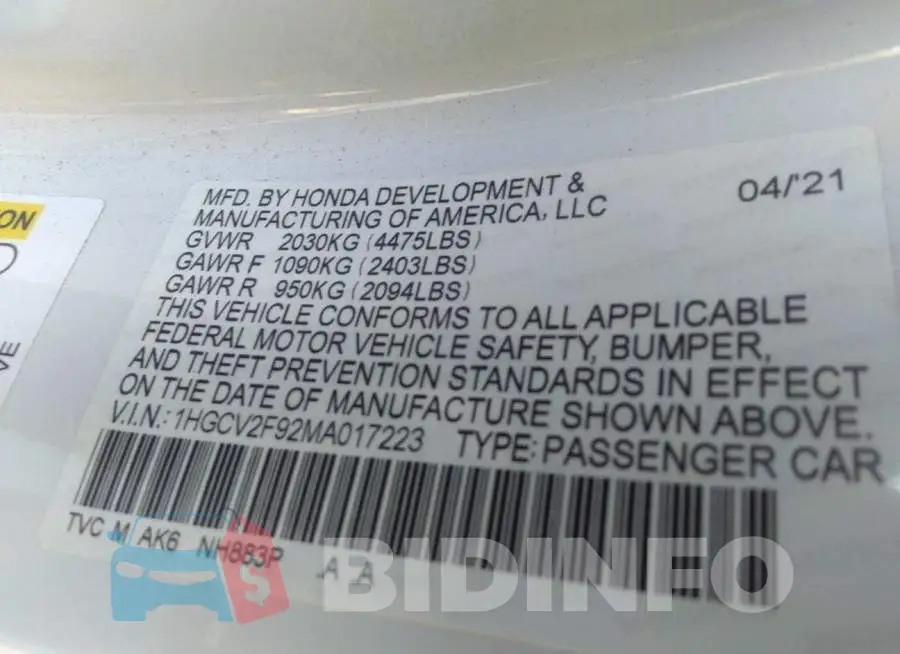 1HGCV2F92MA017223 Photo# 9