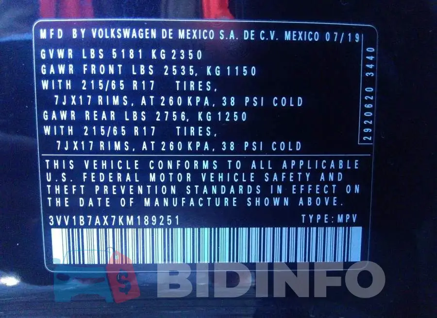 3VV1B7AX7KM189251 Photo# 9