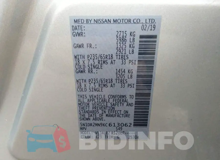 5N1DR2MN9KC613062 Photo# 9
