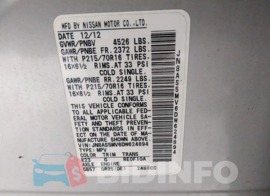 JN8AS5MV6DW624894 Photo# 9
