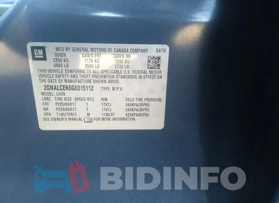 2GNALCEK6G6315112 Photo# 9