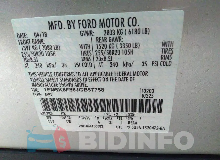 1FM5K8F88JGB57758 Photo# 9
