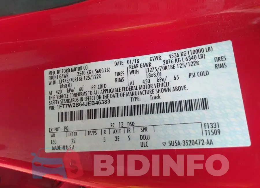 1FT7W2B64JEB46383 Photo# 9