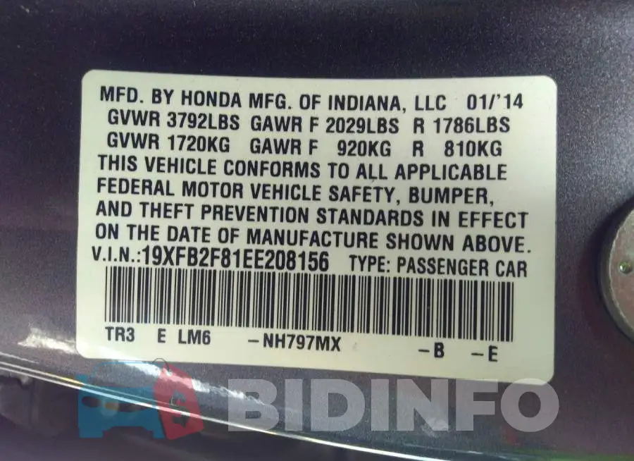 19XFB2F81EE208156 Photo# 9