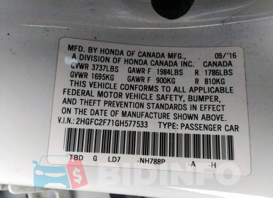 2HGFC2F71GH577533 Photo# 9