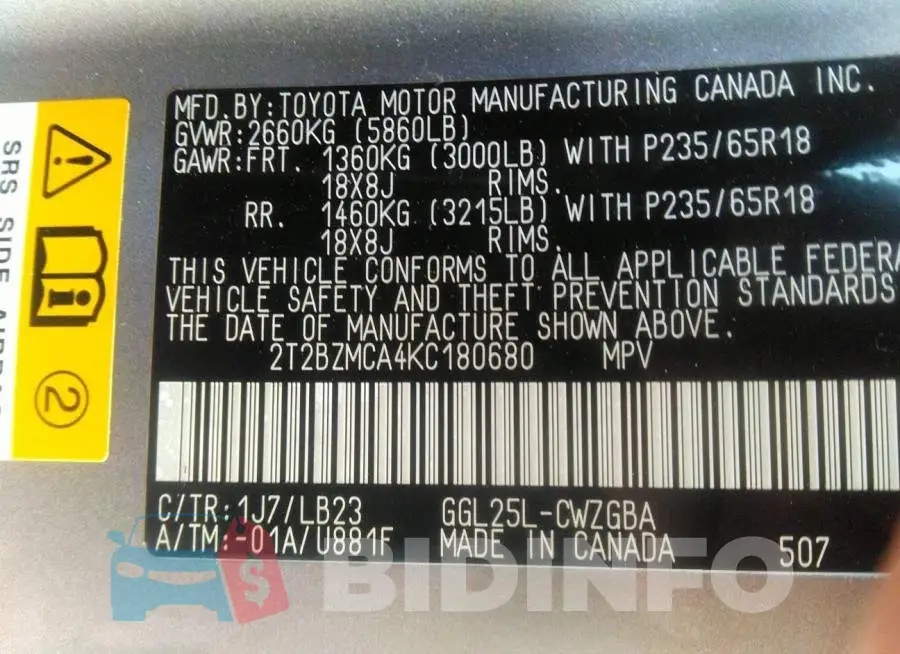 2T2BZMCA4KC180680 Photo# 9