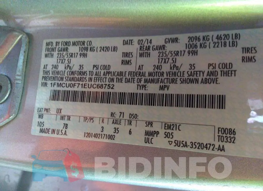 1FMCU0F71EUC68752 Photo# 9