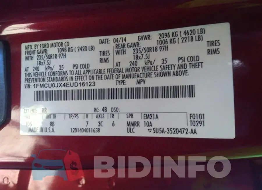 1FMCU0JX4EUD16123 Photo# 9