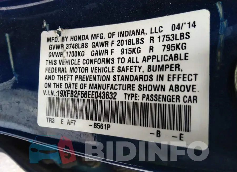 19XFB2F56EE043632 Photo# 9