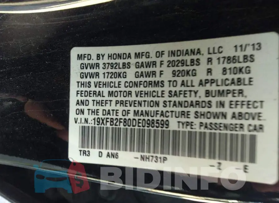 19XFB2F80DE098599 Photo# 9