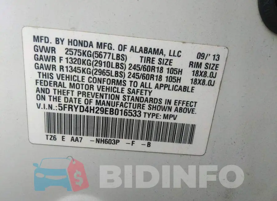 5FRYD4H29EB016533 Photo# 9