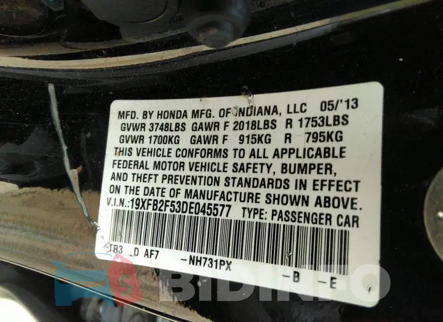 19XFB2F53DE045577 Photo# 9