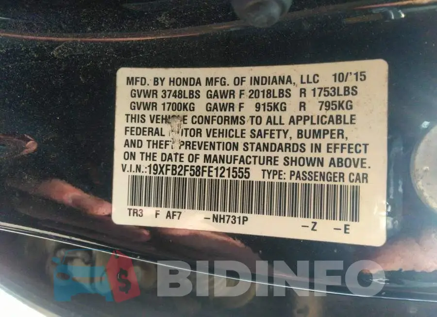 19XFB2F58FE121555 Photo# 9