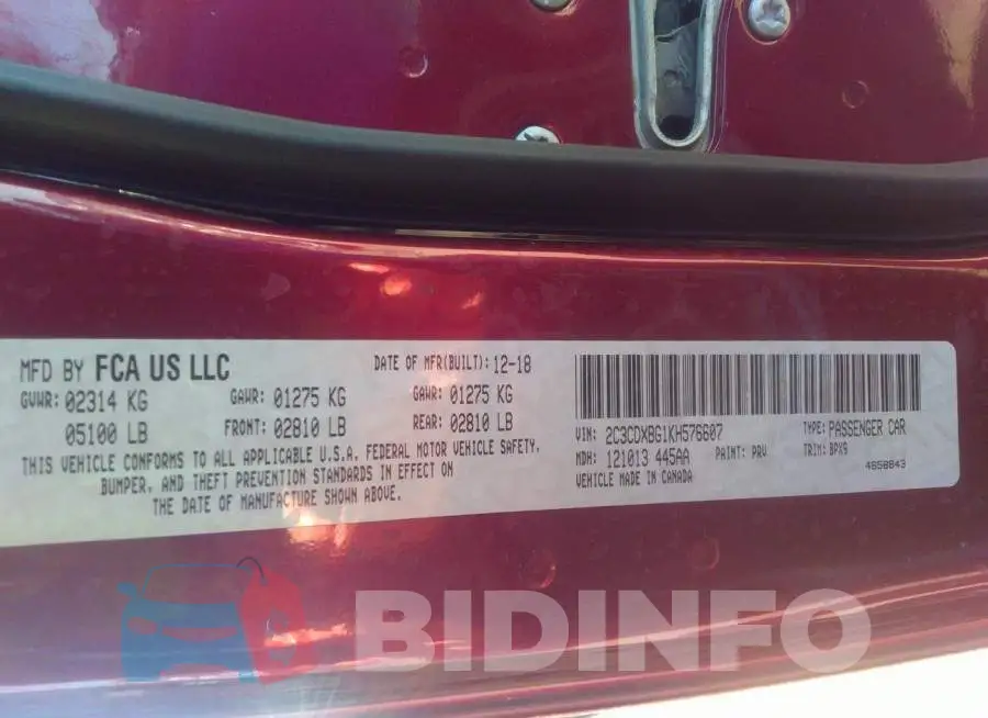 2C3CDXBG1KH576607 Photo# 9