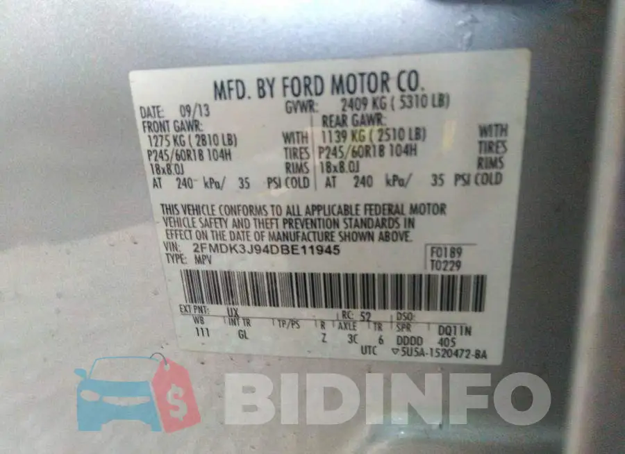 2FMDK3J94DBE11945 Photo# 9