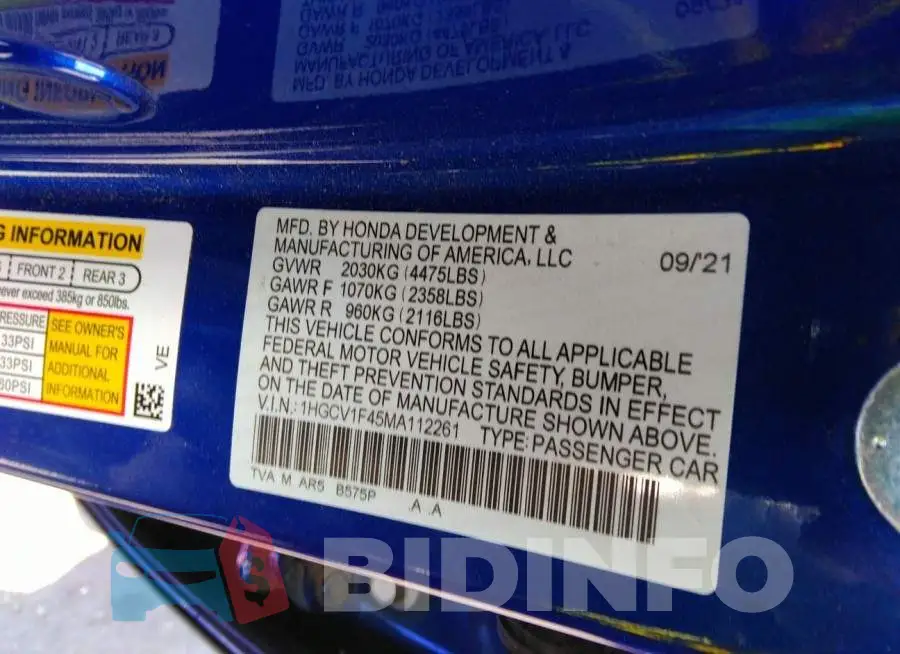 1HGCV1F45MA112261 Photo# 9