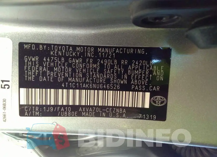 4T1C11AK6NU646526 Photo# 9