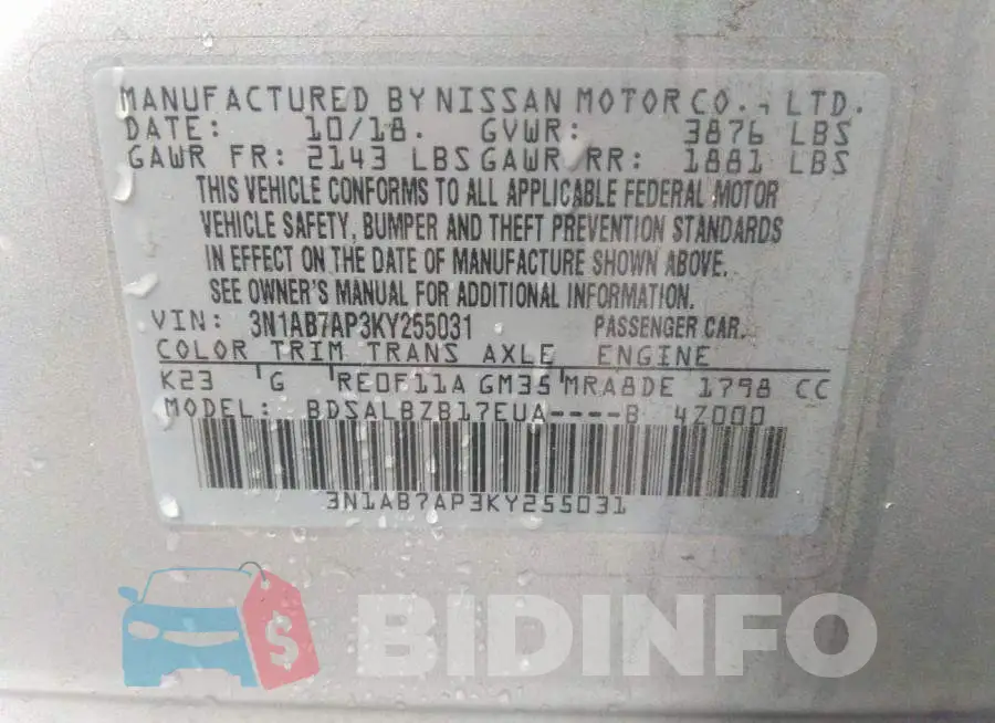 3N1AB7AP3KY255031 Photo# 9