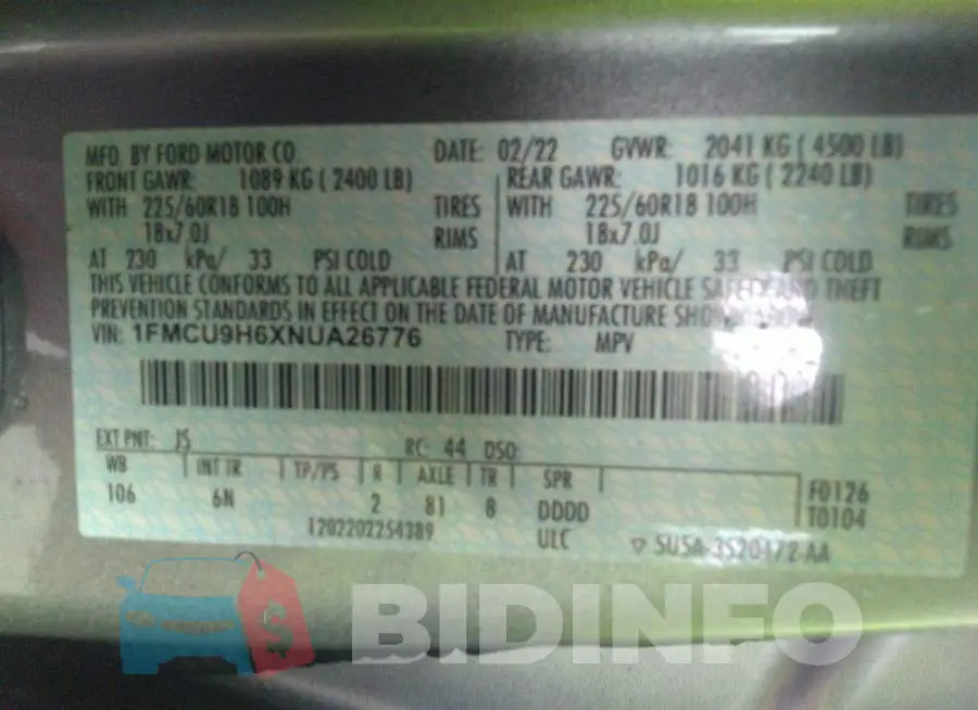 1FMCU9H6XNUA26776 Photo# 9
