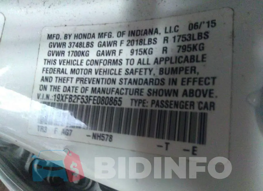 19XFB2F53FE080865 Photo# 9