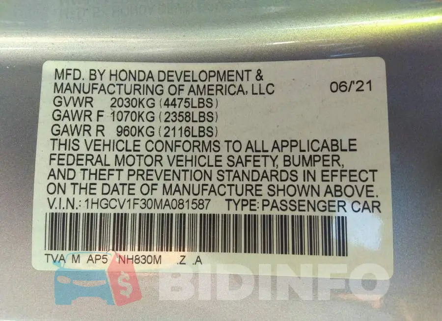 1HGCV1F30MA081587 Photo# 9