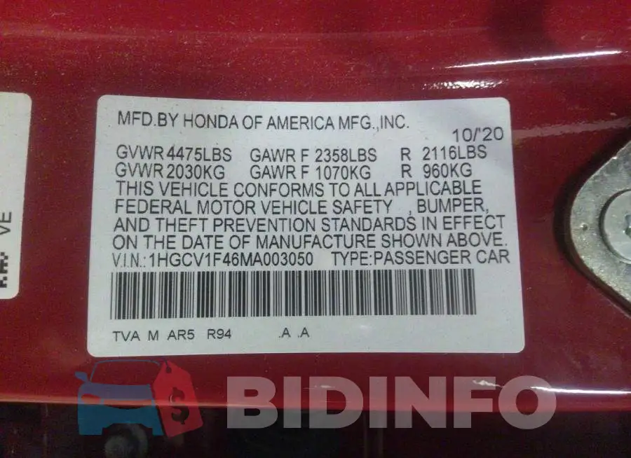 1HGCV1F46MA003050 Photo# 9