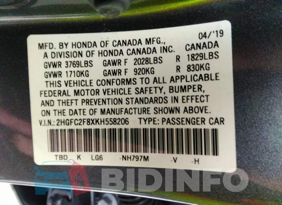 2HGFC2F8XKH558206 Photo# 9