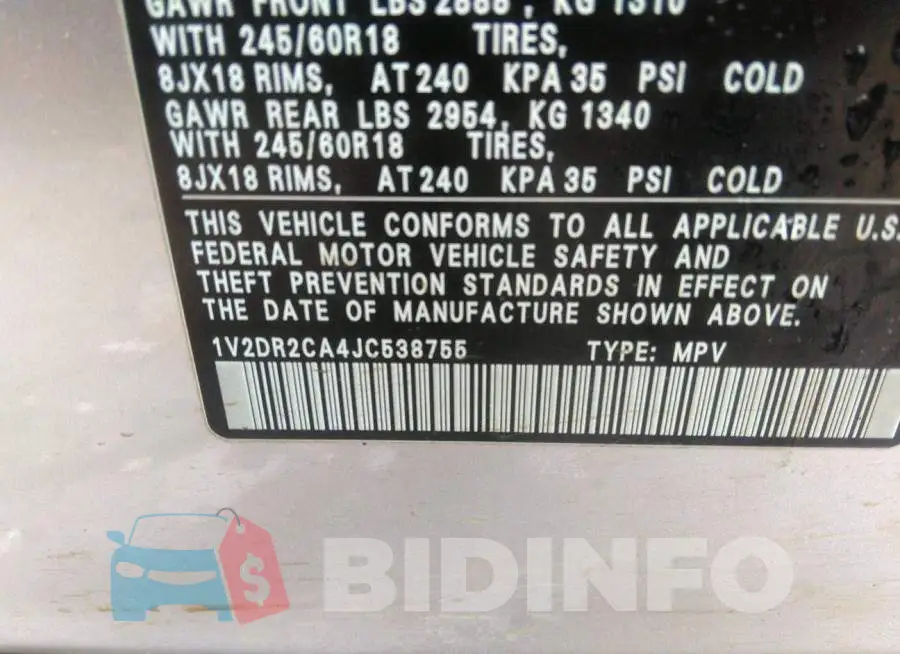 1V2DR2CA4JC538755 Photo# 9