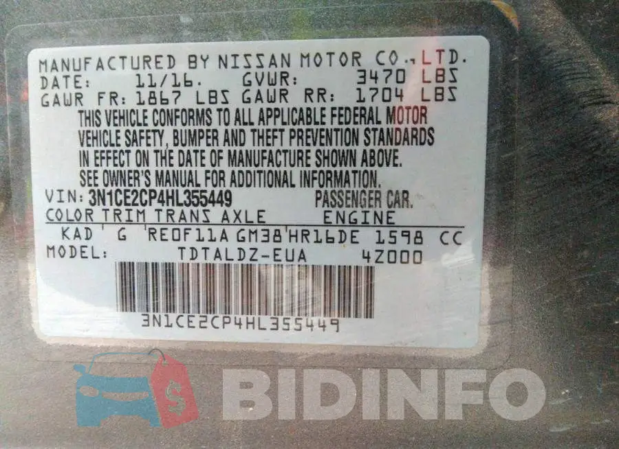 3N1CE2CP4HL355449 Photo# 9