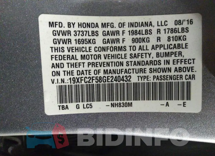 19XFC2F58GE240432 Photo# 9