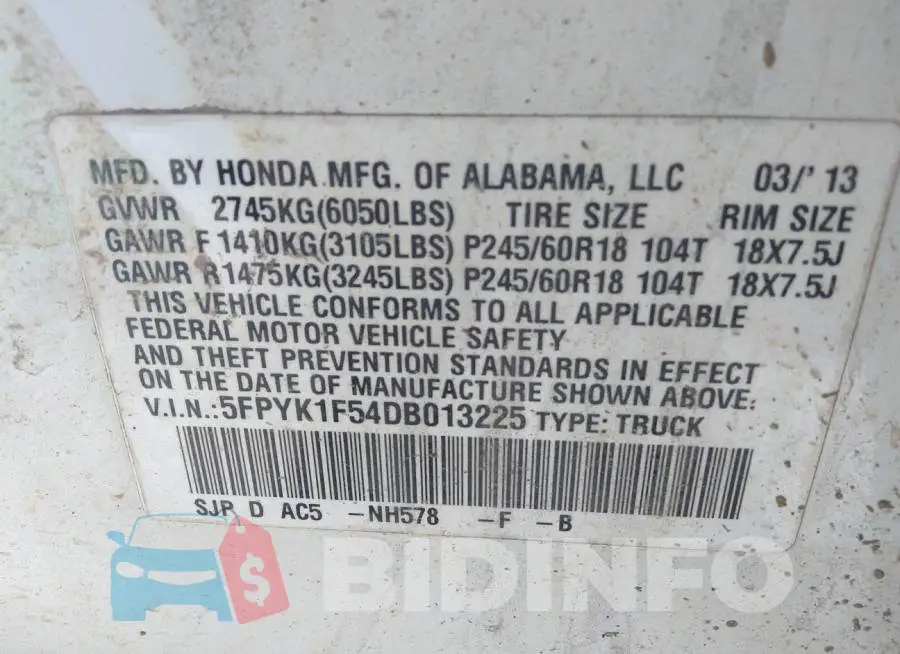 5FPYK1F54DB013225 Photo# 9