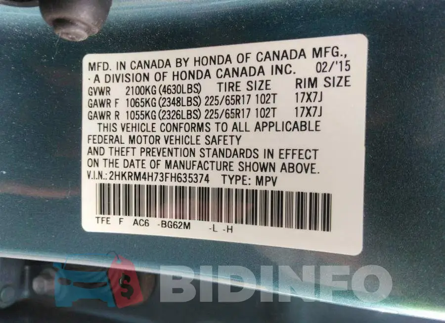 2HKRM4H73FH635374 Photo# 9