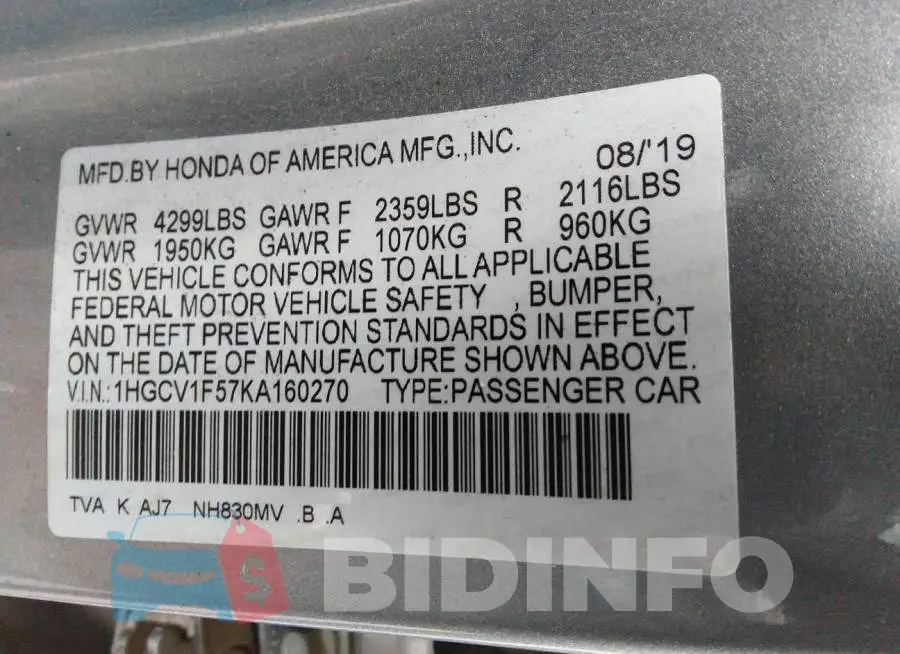 1HGCV1F57KA160270 Photo# 9