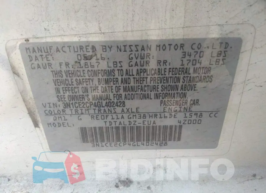 3N1CE2CP4GL402428 Photo# 9