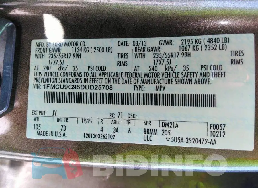 1FMCU9G96DUD25708 Photo# 9
